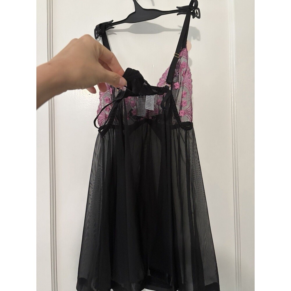 NWT Black Pink Lace Sheer Babydoll Lingerie Thong Set Nightgown Medium Spree - Picture 9 of 10